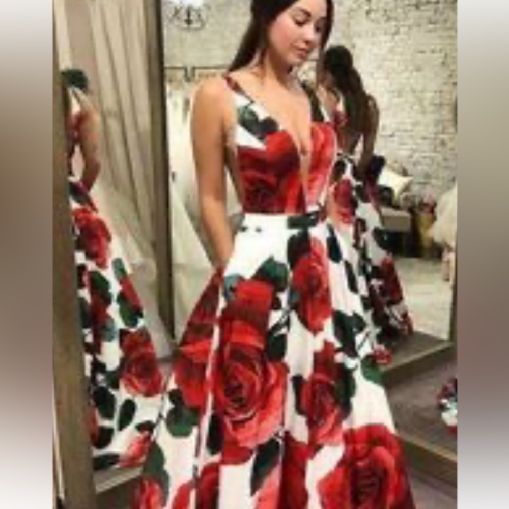 Camille La Vie Red and Green Floral Prom Dress